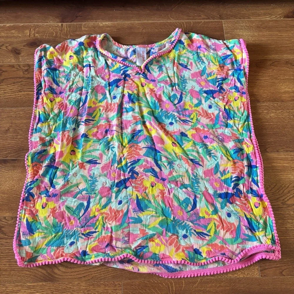 Cat & Jack Pink-Trim Floral swimsuit cover with Yellow and Blue Accents size M